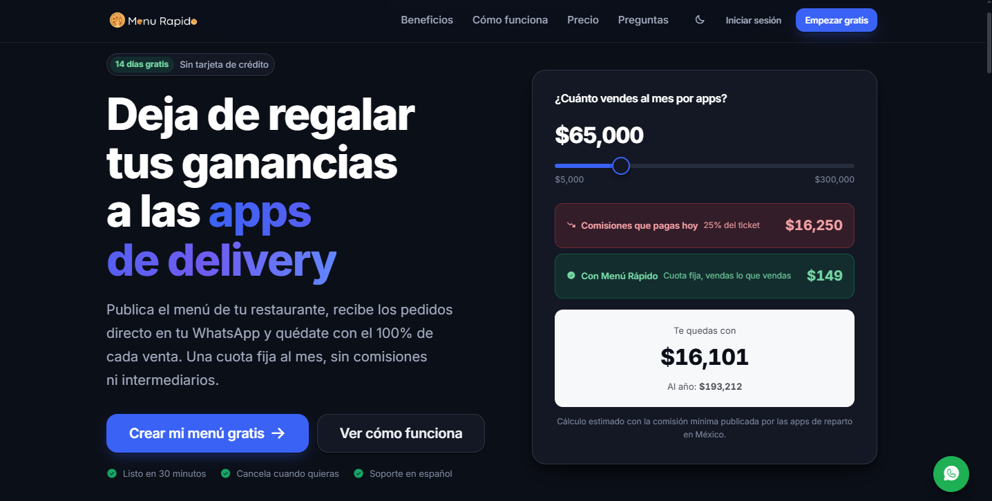 Portada de Menu Rapido con calculadora de comisiones de apps de delivery